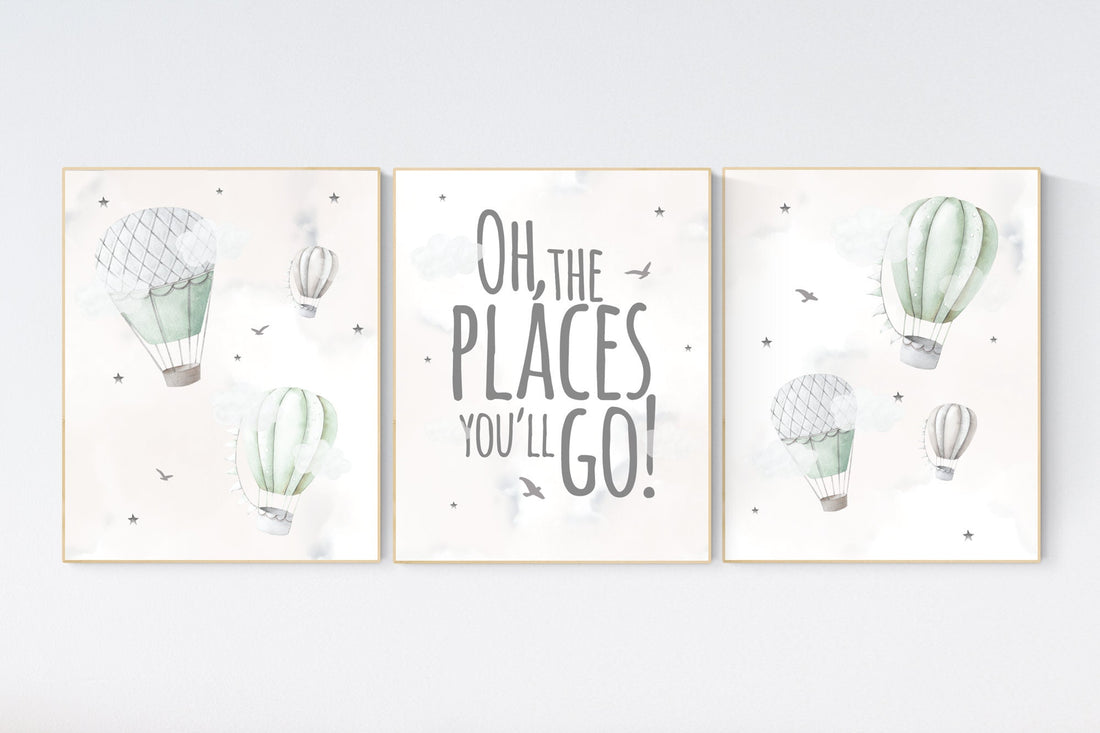 Nursery decor gender neutral, sage green, hot air balloon, green nursery, baby room decor, nursery prints, travel theme nursery, adventure