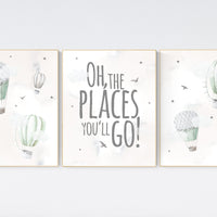 Nursery decor gender neutral, sage green, hot air balloon, green nursery, baby room decor, nursery prints, travel theme nursery, adventure