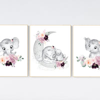 Elephant nursery, mauve, Burgundy, floral nursery, flower nursery, butterfly, nursery prints girl, nursery wall decor girl, flower nursery