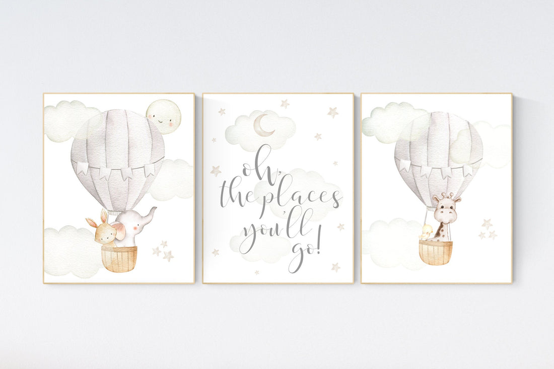 Nursery decor gender neutral, hot air balloon, elephant nursery, woodland animals, baby room decor, animal nursery, hot air balloons