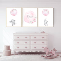 Nursery prints girl, elephant nursery, pink nursery, floral nursery, girl nursery decor flower, name, balloon nursery, baby girl room decor