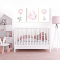 Nursery prints girl, elephant nursery, pink nursery, floral nursery, girl nursery decor flower, name, balloon nursery, baby girl room decor