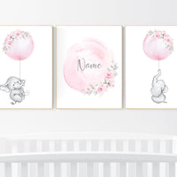 Nursery prints girl, elephant nursery, pink nursery, floral nursery, girl nursery decor flower, name, balloon nursery, baby girl room decor