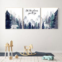 Woodland nursery decor, mountain wall art, tree nursery decor, adventure theme nursery, forest, navy and teal, woodland animals, woodland