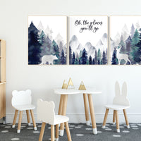 Woodland nursery decor, mountain wall art, tree nursery decor, adventure theme nursery, forest, navy and teal, woodland animals, woodland