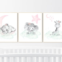 Nursery decor girl pink mint, Nursery wall art girl elephant, pink and mint, moon, stars, nursery prints, baby room decor, girl nursery