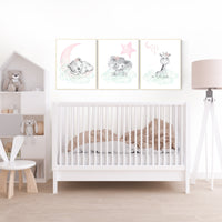 Nursery decor girl pink mint, Nursery wall art girl elephant, pink and mint, moon, stars, nursery prints, baby room decor, girl nursery