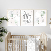 Nursery decor gender neutral, sage green, hot air balloon, green nursery, baby room decor, nursery prints, travel theme nursery, adventure