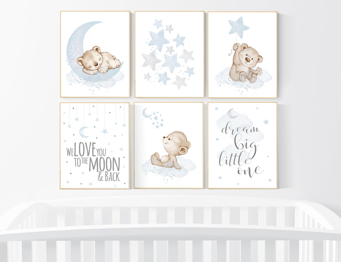 Nursery decor boy bear, grey blue, boys nursery prints, nursery decor boy ideas, blue beige, baby blue, dream big little one, set of 6