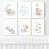 Nursery decor boy bear, grey blue, boys nursery prints, nursery decor boy ideas, blue beige, baby blue, dream big little one, set of 6