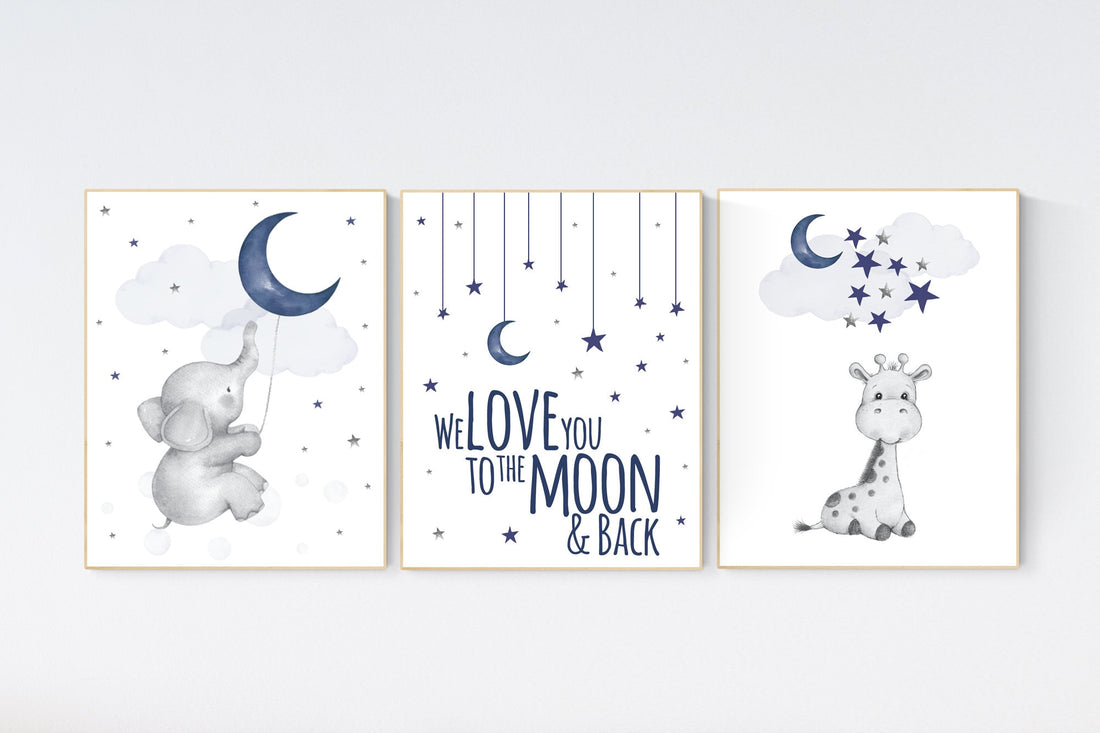 Nursery decor boy elephant, navy nursery decor, we love you to the moon and back, giraffe nursery, navy blue nursery art, elephant nursery