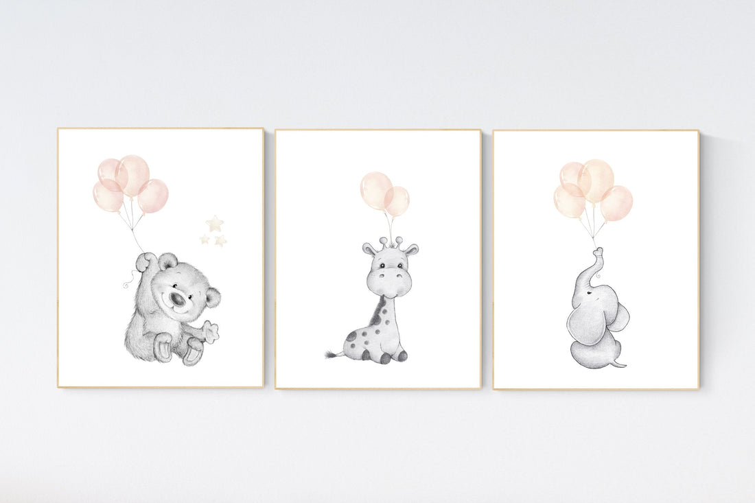 nursery decor girl blush gray, Animal nursery, nursery decor girl woodland animals, teddy bear, elephant, giraffe, baby girl nursery prints