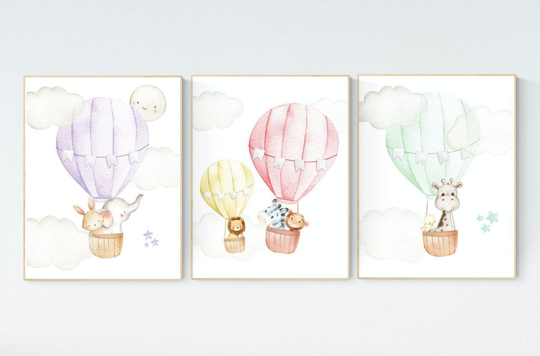 Nursery decor animals, hot air balloon, gender neutral, nursery decor, animal nursery, neutral, unisex, elephant giraffe, bear, nursery art