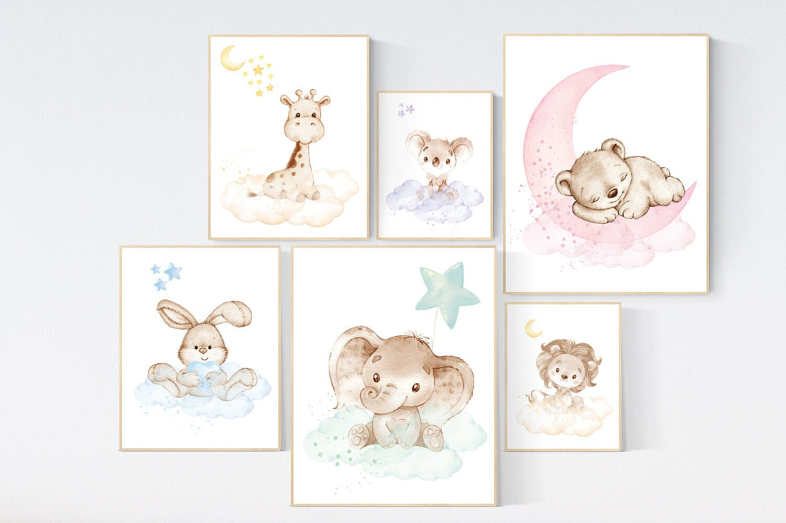 Nursery decor gender neutral, Nursery wall art animals, pastel colors, neutral, bunny, bear, elephant, giraffe, quote nursery wall decor