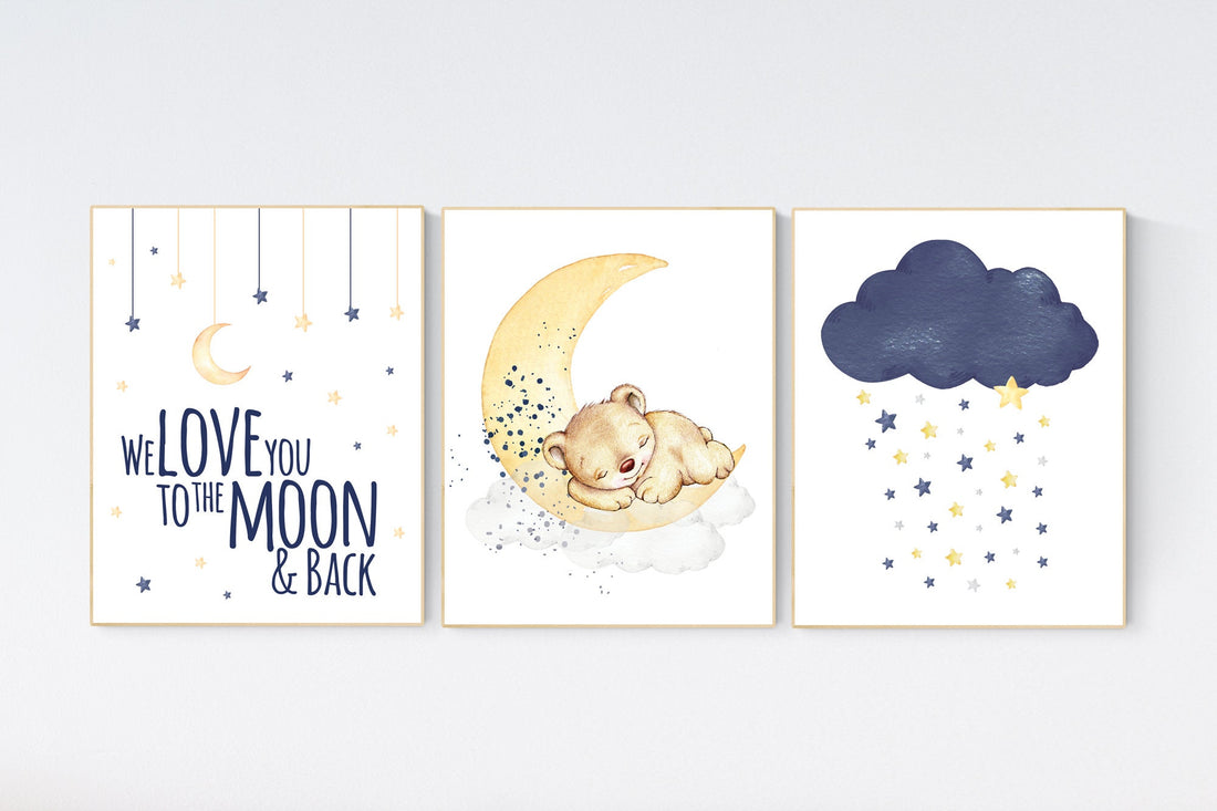 Nursery decor bear, gender neutral nursery wall art, yellow navy nursery, bear nursery print, teddy bear decor, nursery wall art animals