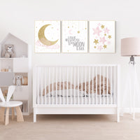 Nursery wall art girl, pink and gold nursery, we love you to the moon and back, pink nursery art, cloud and stars, baby room decor for girls