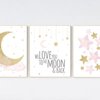 Nursery wall art girl, pink and gold nursery, we love you to the moon and back, pink nursery art, cloud and stars, baby room decor for girls