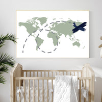 Green nursery, sage world map, World map nursery, adventure theme, world map wall art nursery, olive green nursery, travel theme