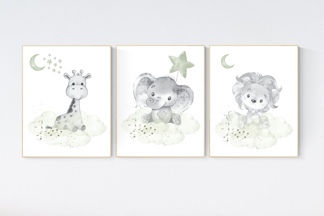 Nursery decor gender neutral, Sage green, elephant, giraffe, lion, gender neutral prints, animal prints, green nursery, baby room prints