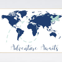 Nursery wall art map, adventure awaits, world map print, nursery decor boy mountains adventure, navy blue, plane nursery decor, navy gray