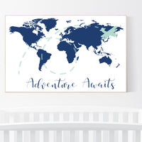 Nursery wall art map, adventure awaits, world map print, nursery decor boy mountains adventure, navy blue, plane nursery decor, navy gray