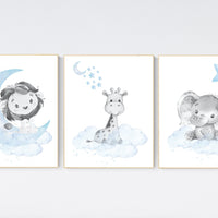 Nursery wall art animals, baby room decor blue, baby room decor, lion, elephant, giraffe, animal nursery decor, nursery prints boy room
