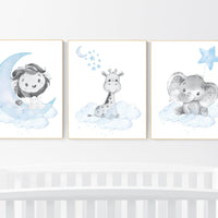 Nursery wall art animals, baby room decor blue, baby room decor, lion, elephant, giraffe, animal nursery decor, nursery prints boy room