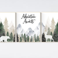 Nursery decor woodland, mountain wall art, tree nursery decor, adventure theme nursery, forest, sage green, beige, woodland animals