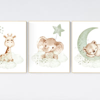 Nursery wall art animals, green nursery, gender neutral nursery, sage green, baby room decor, bear, elephant, giraffe, animal prints