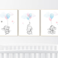 Nursery decor elephant, twin nursery, gender neutral nursery decor, pink blue, nursery wall art animals, elephant balloon, twins nursery