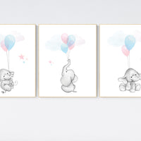 Nursery decor elephant, twin nursery, gender neutral nursery decor, pink blue, nursery wall art animals, elephant balloon, twins nursery