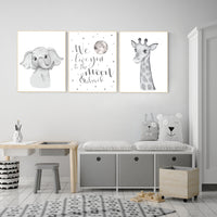 Nursery wall art animals, grey nursery, gender neutral nursery, neutral nursery, baby room decor, elephant, giraffe, gray nursery, quote