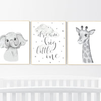 Animal nursery, Elephant and giraffe nursery, Grey nursery wall art, gender neutral, grey nursery art, dream big little one, gray
