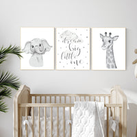 Animal nursery, Elephant and giraffe nursery, Grey nursery wall art, gender neutral, grey nursery art, dream big little one, gray