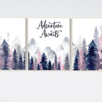 Nursery decor woodland, mountain wall art, tree nursery decor, adventure theme nursery, forest, navy and pink, woodland animals, navy pink