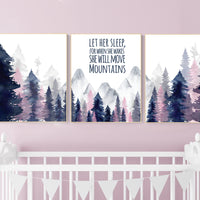 Nursery decor woodland, mountain wall art, tree nursery decor, adventure theme nursery, forest, navy and pink, woodland animals, navy pink