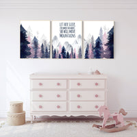 Nursery decor woodland, mountain wall art, tree nursery decor, adventure theme nursery, forest, navy and pink, woodland animals, navy pink