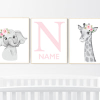 Safari Floral Animals, Nursery Prints, Nursery Decor, Girls Nursery Decor, Safari Nursery, jungle animals, Woodland Prints, set of 3