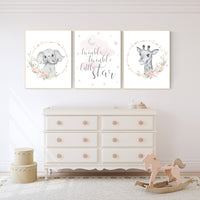 Nursery decor girl boho, animal nursery, blush nursery, blush pink, floral nursery prints, elephant nursery, giraffe, twinkle twinkle