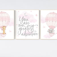Nursery decor girl, Hot air balloon nursery, you are our greatest adventure, nursery prints girl, animal nursery, pink nursery wall art