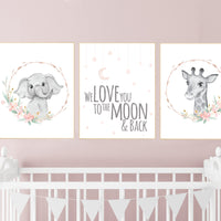 Nursery decor girl boho, animal nursery, blush nursery, blush pink, floral nursery prints, elephant nursery, giraffe, girl nursery