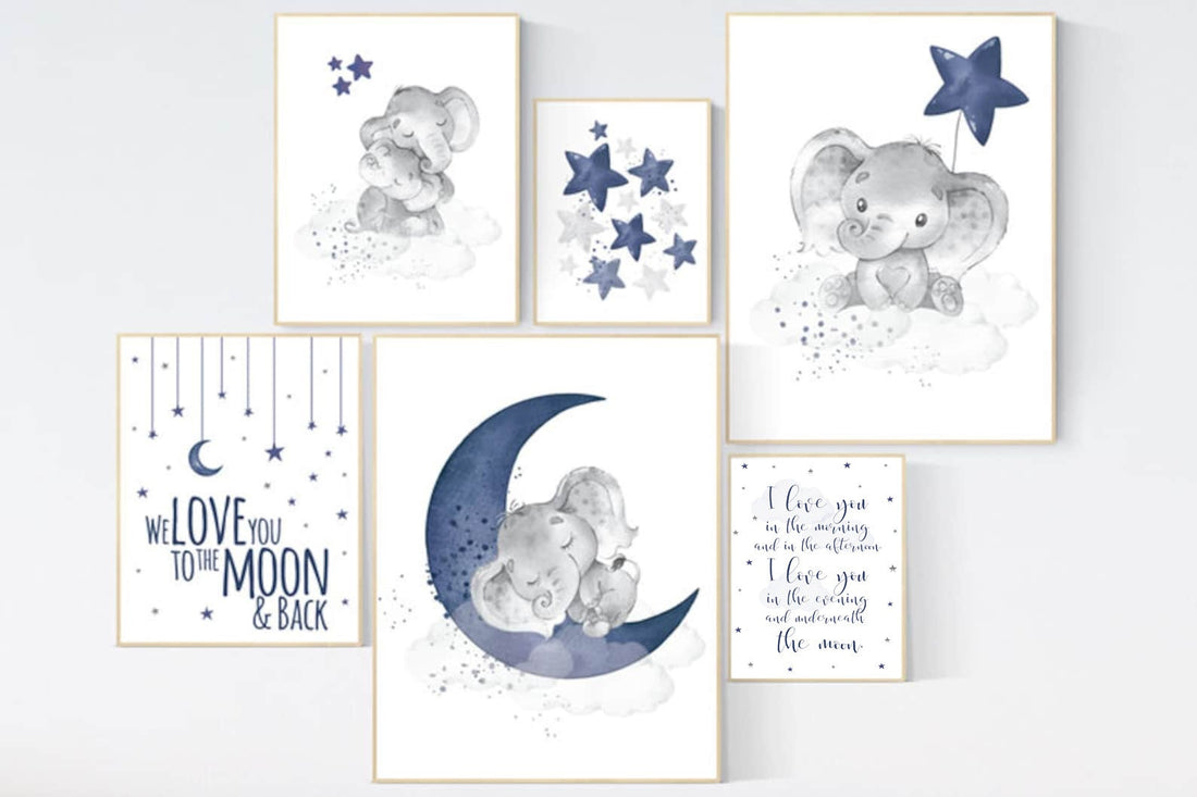 Nursery decor boy elephant, nursery wall art boy, navy Blue, moon and stars, navy nursery, boy nursery decor, elephant nursery art, star