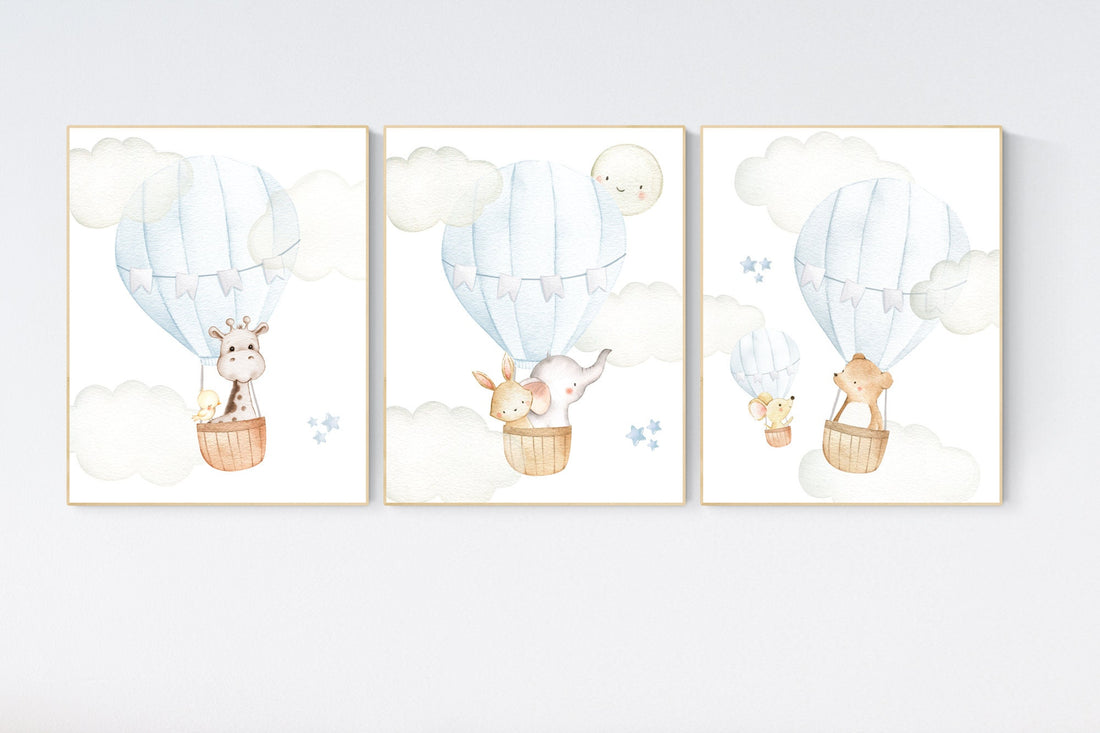 Nursery decor boy adventure, blue nursery, hor air balloon, woodland animals, elephant, baby bear, giraffe, bunny, baby room wall art