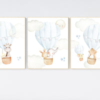 Nursery decor boy adventure, blue nursery, hor air balloon, woodland animals, elephant, baby bear, giraffe, bunny, baby room wall art