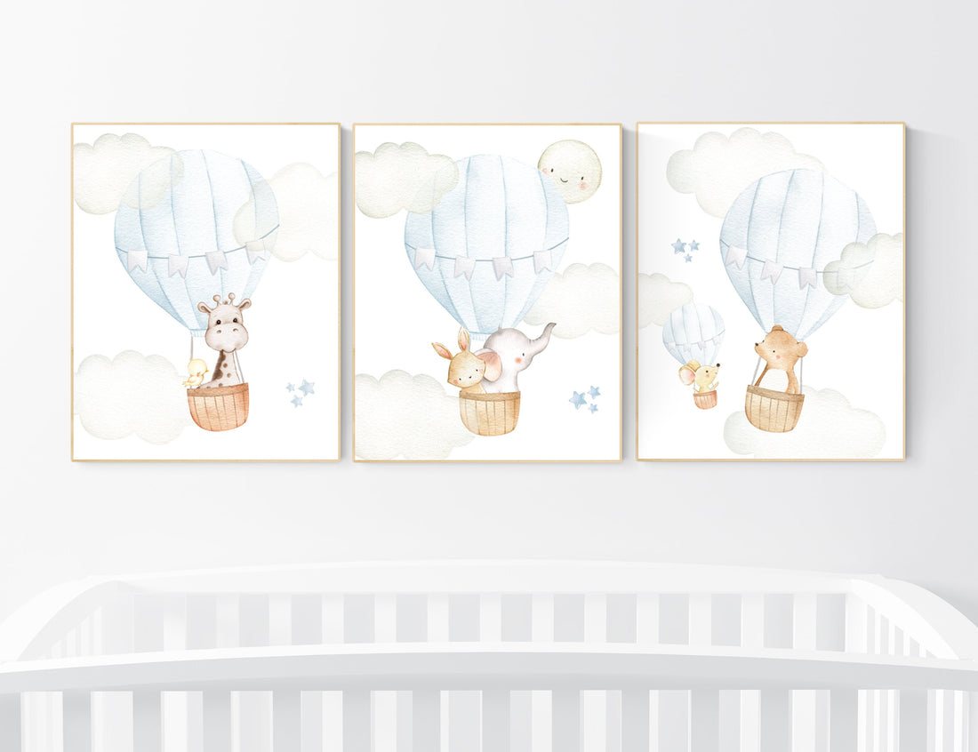 Nursery decor boy adventure, blue nursery, hor air balloon, woodland animals, elephant, baby bear, giraffe, bunny, baby room wall art