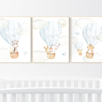 Nursery decor boy adventure, blue nursery, hor air balloon, woodland animals, elephant, baby bear, giraffe, bunny, baby room wall art