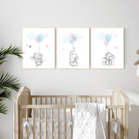 Nursery decor elephant, twin nursery, gender neutral nursery decor, pink blue, nursery wall art animals, elephant balloon, twins nursery