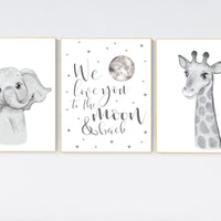 Nursery wall art animals, grey nursery, gender neutral nursery, neutral nursery, baby room decor, elephant, giraffe, gray nursery, quote