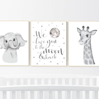 Nursery wall art animals, grey nursery, gender neutral nursery, neutral nursery, baby room decor, elephant, giraffe, gray nursery, quote
