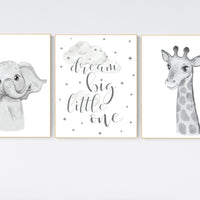 Animal nursery, Elephant and giraffe nursery, Grey nursery wall art, gender neutral, grey nursery art, dream big little one, gray